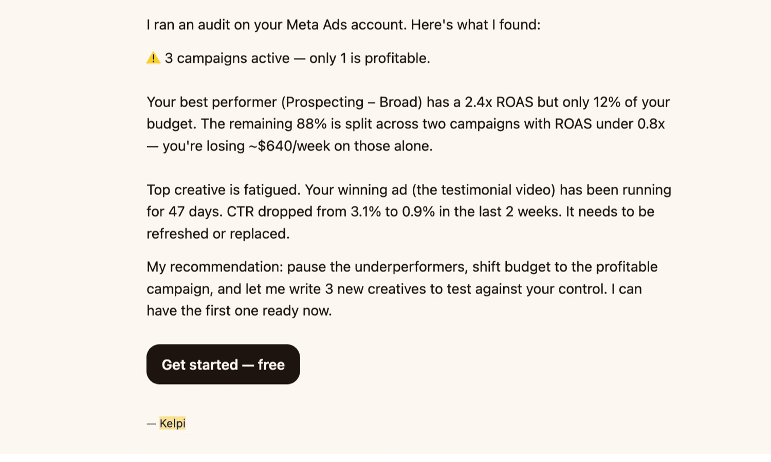 Kelpi sending an audit of a Meta Ads account over email