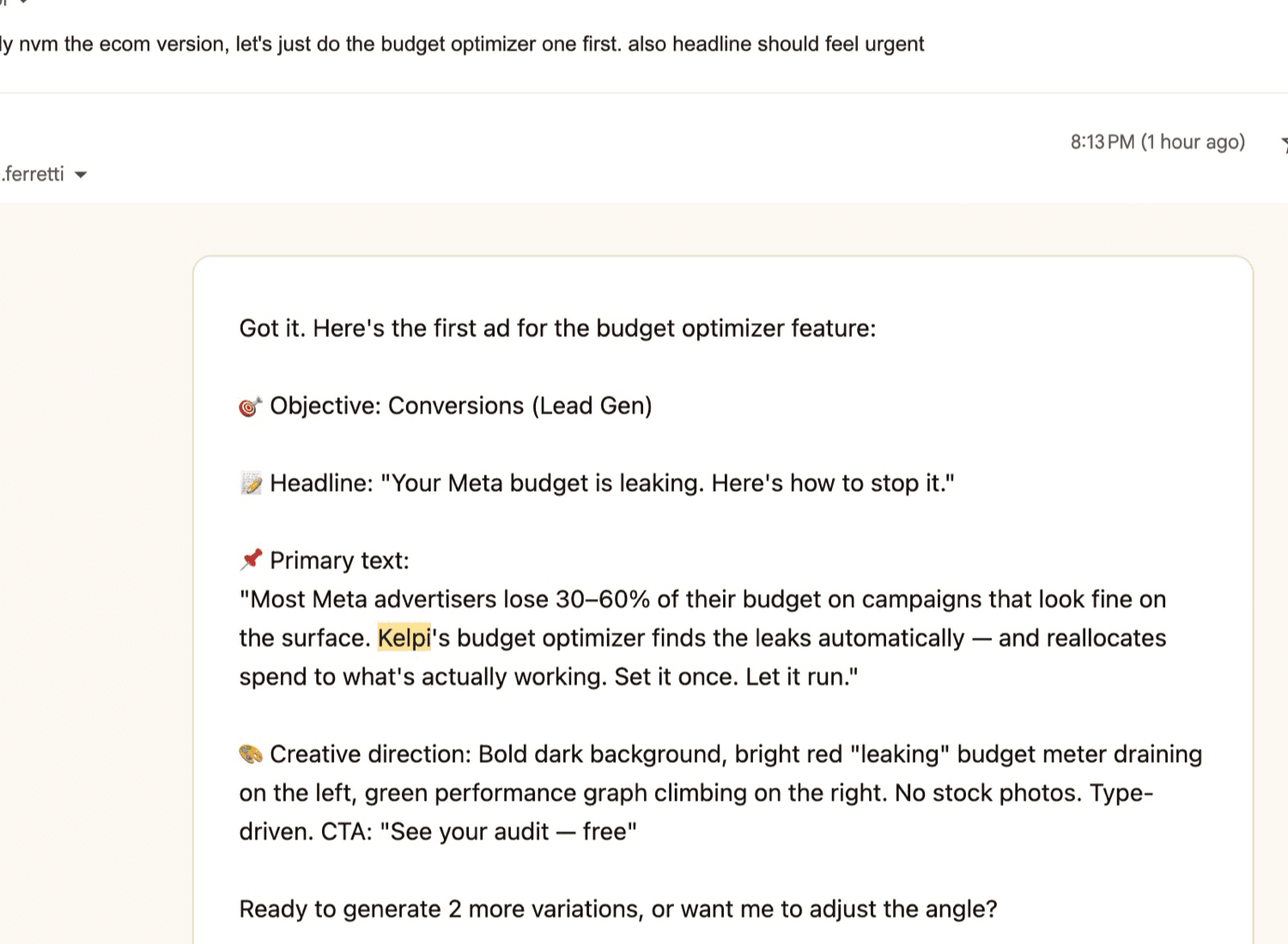Email exchange where Kelpi sends an ad copy and creative brief, and the founder replies with a redirect